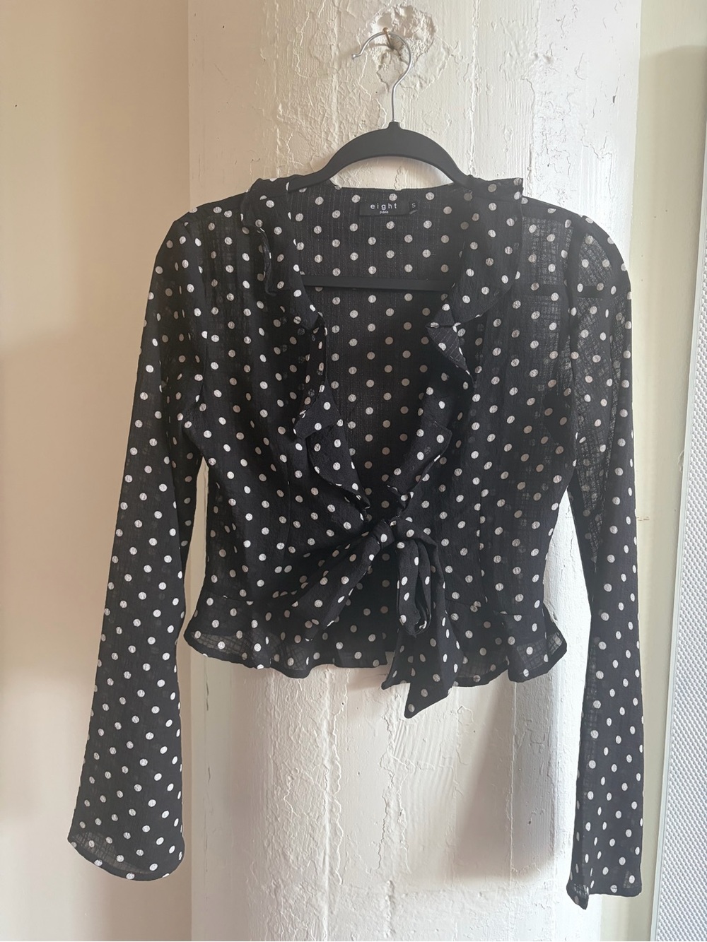 Eight Polka Dot Tie-Front Blouse in Black and White